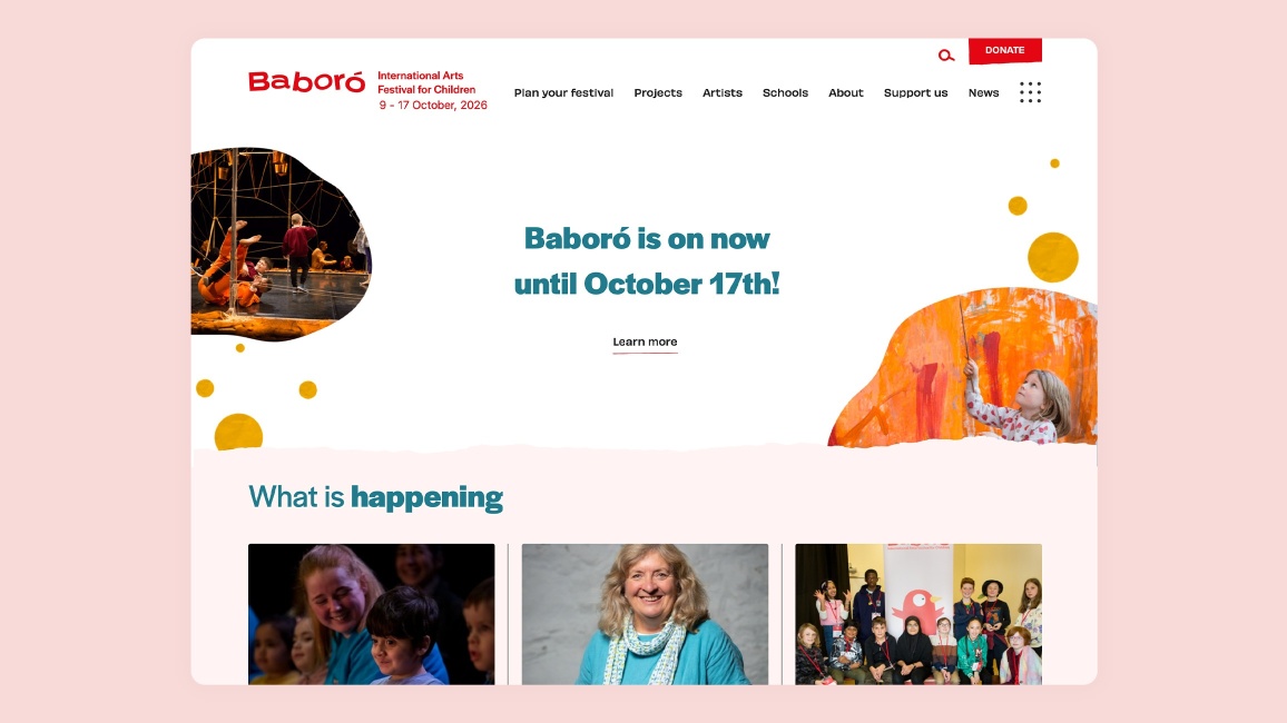 Homapge hero section showing tagline, images and 'What is happening' listing highlights