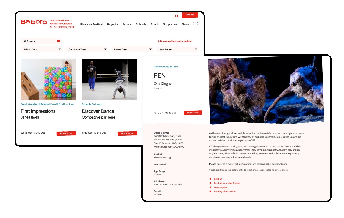 Screens on desktop showing events listings with red buttons and event detail page with key information aligned on the left of the page.
