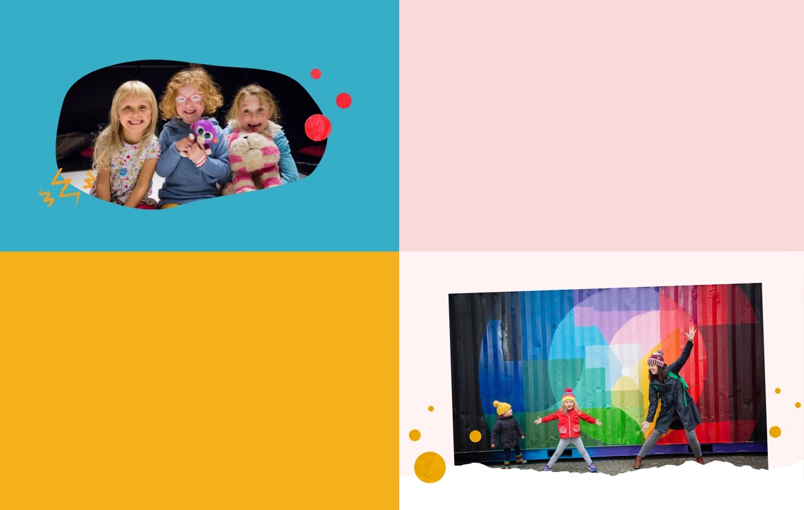 Sample of branding elements including colour palette, image masks and dots.