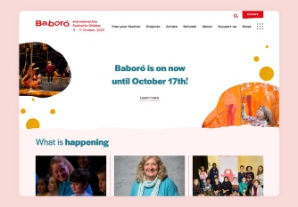 Homapge hero section showing tagline, images and 'What is happening' listing highlights