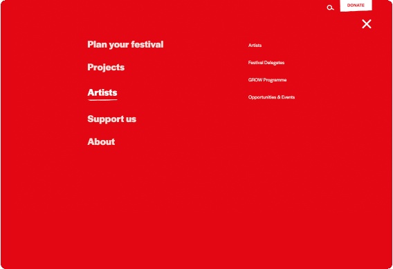 Red background mega menu with white menu item in on the left and sub items in a right hand column
