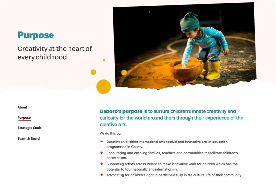 Desktop view of 'Purpose' page, including turquoise heading and intro text, image mask, sidebar menu and bullet points.