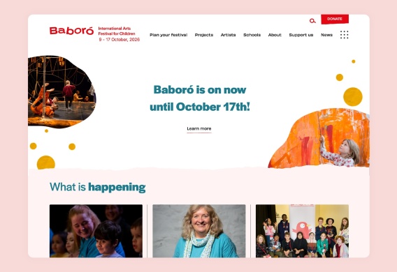Homapge hero section showing tagline, images and 'What is happening' listing highlights