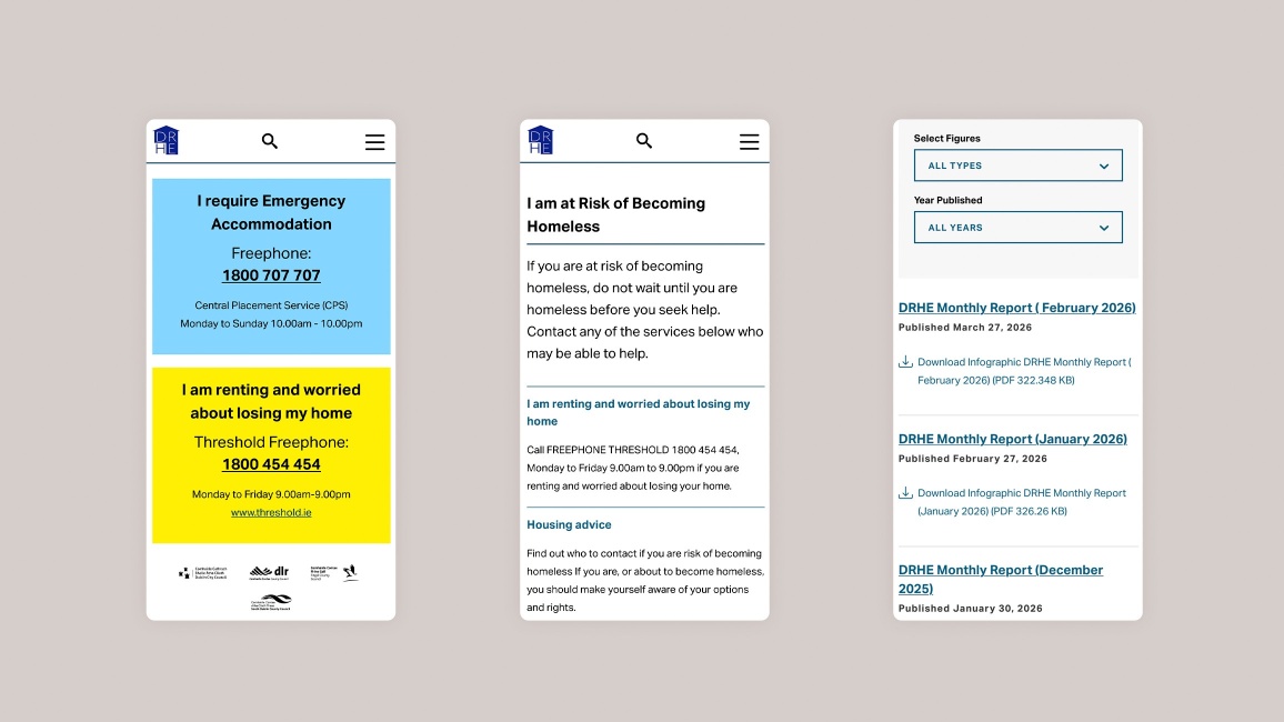 Three mobile screens showing emergency contact numbers, FAQs and a faceted document search feature.