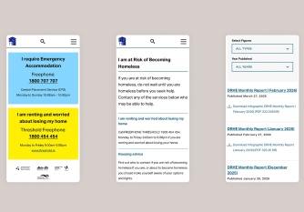 Three mobile screens showing emergency contact numbers, FAQs and a faceted document search feature.